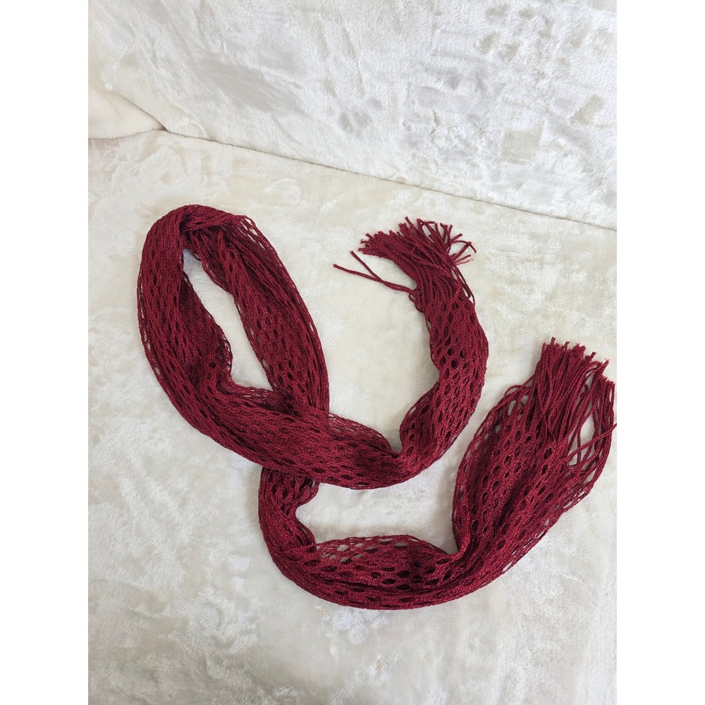 Maurices Womens Burgundy Red Open Knit Crochet Scarf with Fringe